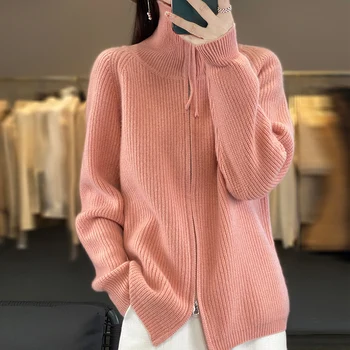 100% Lână Merinos Haina Femei Stand Guler Tricotate Moda Cardigan cu Maneca Lunga Top Toamna Iarna Nou Sacou Cald coreeană
