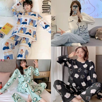 2 BUC/Set Tânără Fată Primăvara și Toamna Pijama cu Mâneci Lungi de Moda Casual, Simplu Ursul Desene animate de Imprimare Homewear Floral pentru Femei Haine