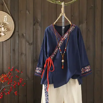 2023 Nou de Îmbrăcăminte pentru Femei cu Maneci Lungi V-Neck Vintage Clasic Stil Chinezesc Folk Vrac Solid de Culoare Broderie Cordon Tricou