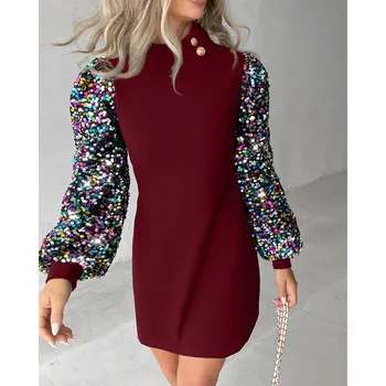 2023 Toamna Iarna Nou de Îmbrăcăminte pentru Femei Guler de Moda Sequin Rochie cu Maneci Lungi de zi cu Zi