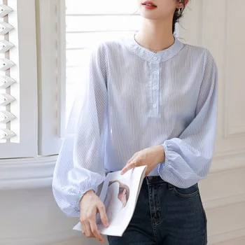 2023 Toamna Noua Blue Stripe Tricouri Pentru Femei De Moda De Design Rotund Gat Felinar Manșon Șifon Bluze Topuri