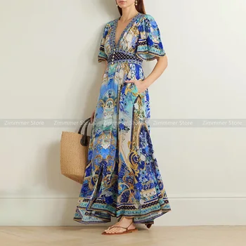 2023 Toamna și iarna nou stil stațiune retro print floral albastru silk V-neck imprimate rochie lunga femei