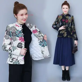 2024 chineză vintage strat etnic tang costum hanfu topuri naționale floare de imprimare stand guler blana oriental bumbac-sacou captusit