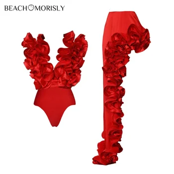2024 de Femei Nou 3D Red Flower Una Bucata Set de costume de Baie și Sarong Vacanta bikini 2 bucată de Costume de baie Femei Beachwear Costum de Baie