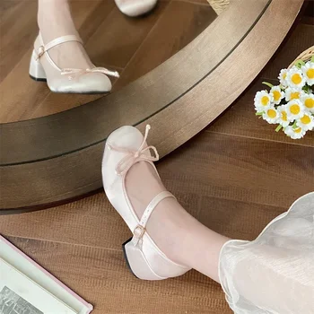 2024New Primavara Toamna Toc Gros Pantofi Roz Elegant Arc Lolita Fete de Colegiu Tocuri inalte pentru Femei de Moda Sandale