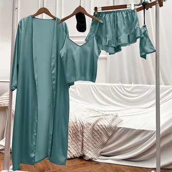 3PCS Set de Pijama Femei Pijamale Haina Lungă, Halat de baie&Curea de Top si pantaloni Scurți Somn Costum de Vara din Satin Body Uzura Acasă