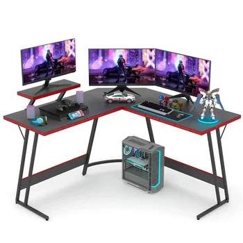 51 Inch L-în Formă de Jocuri de Calculator Birou Colț PC Gaming Birou Tabel cu Monitor Mare Coloană Stand,Negru/Albastru/Roz