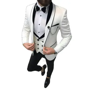 Alb Șal Guler de Lipitură 3pcs Set Complet Bărbați Costum Set de Nunta Mirele Personalizate Pantaloni Sacou Slim Fit Bal Sacou Pantaloni de Costum