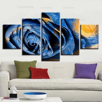 Arta de perete, Tablouri Canvas Hd Printuri 5 Piese Albastru Abstract Imagini Trandafiri Modular de Flori Poster pentru Camera de zi de Decorare Acasă