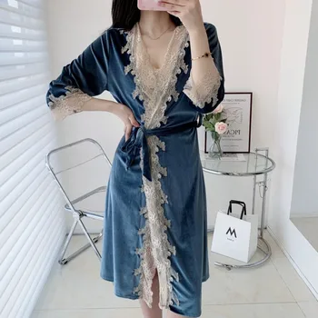 Catifea Femei Homewear Sexy Lace Kimono-Halat de baie Halat de Trim 2 BUC Halat eliberat tinutelor Casual Toamna Iarna Velur Sleepwear