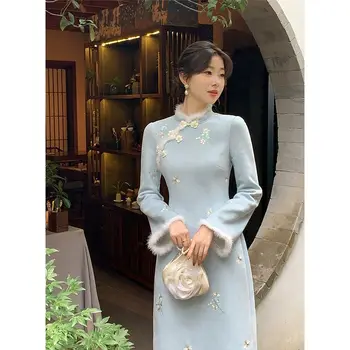 Chineză Tradițională Qipao Rochie Cheongsam Îmbrăcăminte pentru Femei Toamna Iarna Blând de Flori Temperament Elegant cu Broderie Vintage