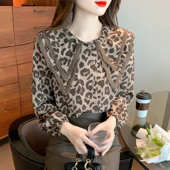 Coreea Moda Leopard Imprimate Peter Pan Guler Cămașă de sex Feminin Primavara Toamna Vintage Maneca Lunga Butonul Bluza Femei de Îmbrăcăminte