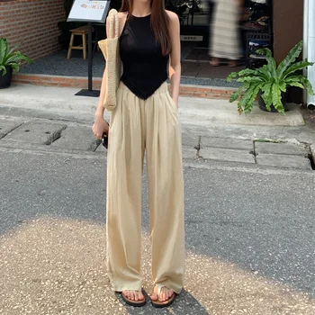 Coreeană de Moda de Primăvară și de Vară Subțire Pantaloni Largi cu Talie Înaltă Full Lungime Pantaloni Talie Elastic Y2K Streetware Tendință de Femei de Îmbrăcăminte