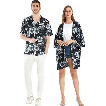 Cuplu Plajă din Hawaii, Vacanta, Petrecere Tropical Floral Print Shirt Sau Kimono