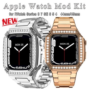 De lux Diamant Caz pentru Apple Watch Band 45mm 44mm Modificarea Kit Metal carcasa din Otel Curea din Cauciuc pentru IWatch Seria 8 SE 7 6 5 4