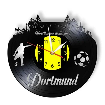 Dortmund City Skyline Ceas De Perete German Membre Stadion De Fotbal Fanii Cellebration Campionilor Arta De Perete Ceas De Perete Disc De Vinil