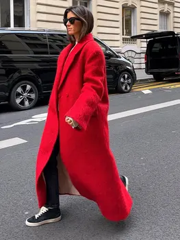 Elegant Roșu De Lână Amestec Palton Pentru Femei Turndown Guler Maneca Lunga, Paltoane De Iarna Buzunar Moda Doamnelor High Street Uza