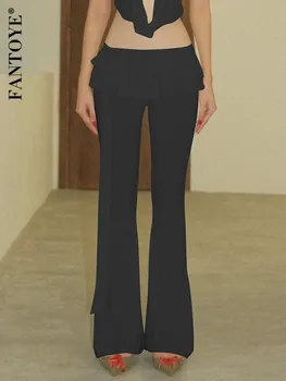 Fantoye Solid Casual, Talie Mare Pentru Femei Pantaloni Negru Mare Întindere Dantelă Pantaloni De Iarna Pentru Femeie Nou Zburli În Afara Streetwear 2023