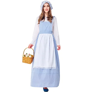 Femei Costum De Servitoare Pastorală Stil Albastru Zăbrele, Fermă Rochie