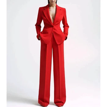 Femei Croitor Set Roșu Sex Costum Elegante V-Neck Sacou Și Pantaloni Largi Picior Set Broek Plus Maat Twee Stuk tailleur femmes ansamblu