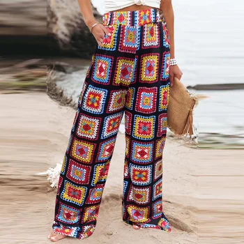 Femei Talie Mare Stil Etnic Largi Picior Pantaloni De Moda De Epocă Grafic Pantaloni Largi Nou Carouri Colorate Buzunare Strada Pantaloni Lungi