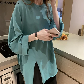 Femei cu Maneci Lungi T-shirt-uri Laterale Solide-slit Elegant Stil coreean Temperament Elegant Simplu Pierde petrecere a timpului Liber Feminin Conceput Tricouri