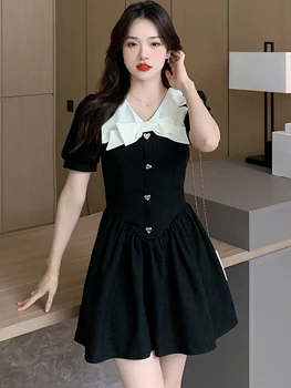 Femeile Coreene Epocă Hepburn Rochie Mini De Vara Negru Mozaic Alb Arcul Papusa Guler Rochie De Bal 2023 Coreean Elegant Rochie Kawaii