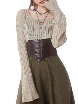 Femeile s Dantela-Up Tricot Pulover Crop Top cu Hollow-Out Mâneci Lungi și Decolteu Rotund - Pulover Elegant pentru a Pierde T-Shirt