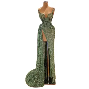 Fericit Personalizat Elegant Verde Glitter Curea Cu Fantă Mare Cutat Coada de Sirena vestidos de fiesta elegantes para mujer 2023