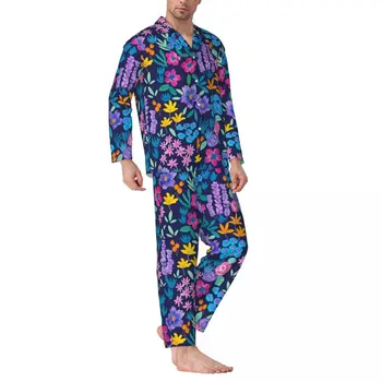 Flori Luminoase Pijama Seturi De Imprimare Florale Vibrante Moda Pereche De Pijamale Cu Maneca Lunga-Retro Dormi Două Piese De Origine Costum De Dimensiuni Mari