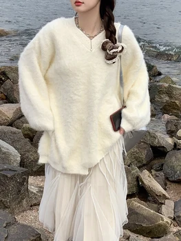 Franceză Elegant Blând Iarna Femei De Tricotat Pulover Sweety V-Neck Ciucuri Pulovere Complet Maneca Liber Îngroșarea Pulover Alb