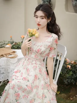 Franceză Floral Romantic Rochie de sex Feminin de Imprimare Roz Dantelă Gât Pătrat Vintage Chic Rochii Pentru Femei de Vară Elegant Fairy Vestidos