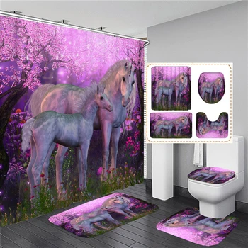 Frumos Unicorn Perdea De Duș Cu Set Covor De Artă Flori Imprimate Baie Perdele Non-Alunecare De Baie Decor Mat Capacul De Toaletă