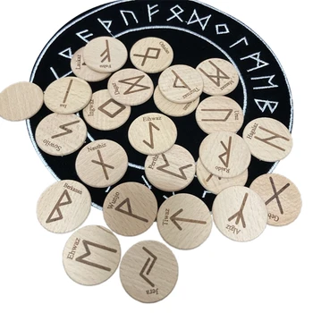H8WC 25pcs/set lucrat Manual din Lemn Rune, Simboluri Margele Tigan Rune Divinație