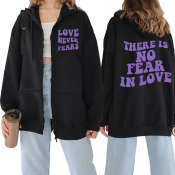 Iubirea nu se Teme Niciodată de Imprimare cu Fermoar Hanorac Moda Streetwear Scrisoare Zip Hanorac Unisex Toamna Harajuku Casual Femei Zip Hoody