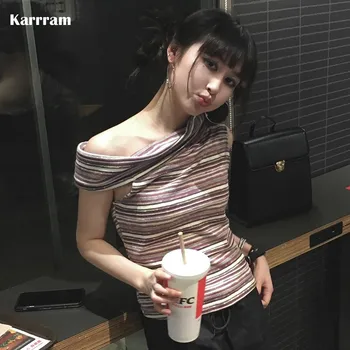 Karrram Y2k Estetica Neregulate Topuri Japonez Harajuku tricou cu Dungi Vintage 2000 Oblic Umăr Tricouri Grunge E-fete