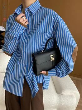 [LANMREM] Elegante cu Dungi Camasi Pentru Femei Rever Singur Pieptul Îmbinat Birou de Proiectare Doamna Bluze 2024 Primăvară Nouă 26D7764