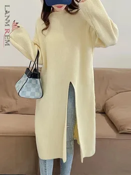 LANMREM Split Tricotate Lungi Pulover Rotund Gat Culoare Solidă Vrac coreeană Stil de Moda de sex Feminin Pulover 2023 Iarna Noi 2DA2636