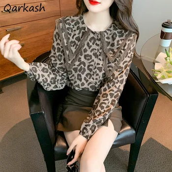 Leopard Tricouri Femei Peter Pan Guler Vrac Volane Chic Lady Vintage Dulce Toamna Topuri De Agrement Coreeană Stil Elegant