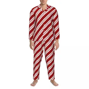 Linia Roșie Pijama Seturi De Toamnă Crăciun Bomboane De Trestie De Zahăr Dungi Dormitor Confortabil Pijamale Barbati 2 Piese Casual Supradimensionat Îmbrăcăminte De Noapte