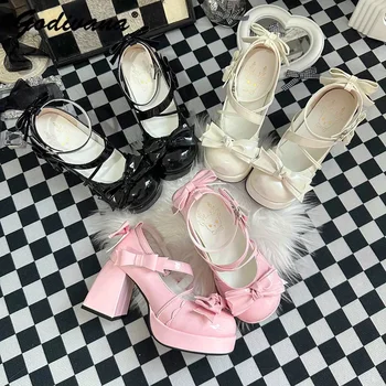 Lolita Fete Pantofi cu Tocuri Înalte, Primăvara și Toamna anului Nou Japonez Drăguț Cap Rotund Bowknot Pu Piele Pantofi de Pompe de Femei Paltform