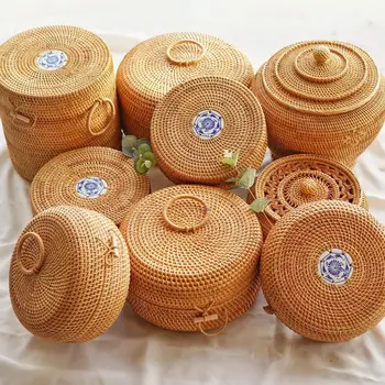 Mifuny țesute Manual din Ratan Coșuri de Depozitare cu Capac Prajituri Ceai Ceai Borcan Cutii din Ratan Organizadores Diverse Bijuterii Alimente Ornamente