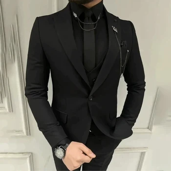 Moda Costume negre Pentru Barbati Pieptul de Afaceri Formal Sacou de Nunta Mirele Smoking Slim de 3 Piese Sacou vesta Pantaloni de Costum Homme