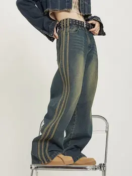 Moda coreeană Femei Epocă Talie Mare Streetwear Stil Blugi Pantaloni Largi Picior Umflat Y2K Largi Denim Pantaloni sex Feminin