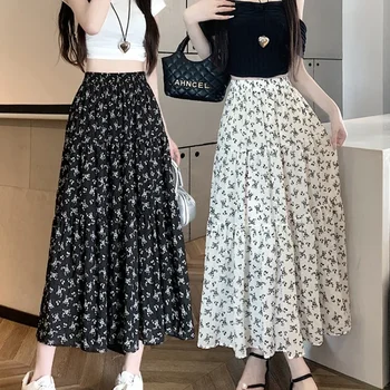Moda coreeană imprimeu Floral Fusta Femei 2023 Vara Noi, Elegante, Fusta Lunga Neagra de sex Feminin-linie Drap Plaja Holdiay Faldas Mujer
