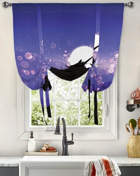 Moon Violet Desene animate Fantezie Fereastră Perdea Lega Perdele pentru Camera de zi Bucatarie Tijă Reglabilă Buzunar Draperii