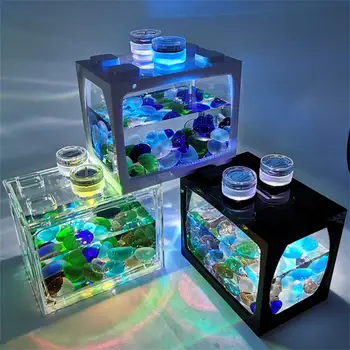 Noul Rezervor de Pește Mic Cu Sapte culori LED-uri Desktop Creative Micro Peisaj Ecologic Rezervor de Mini Pești Tropicali de Acvariu