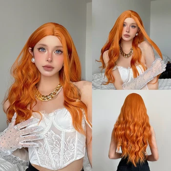 Orange Cupru Val Lung Sintetic Peruca Cosplay de Păr pentru Femei Albe Adanc Ondulat Partea de Mijloc Peruci Petrecere de Halloween Temperatură Înaltă