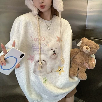 Original coreean Stele Drăguț Câine Y2K Hoodies O-neck Tricou de Moda de Iarnă Lână Cald Pulover Vrac Harajuku Streetwear