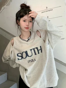 Pe Umăr Sexy Gol Afară Tricou Femei Toamna Cu Maneca Lunga Topuri De Sex Feminin Coreeană De Moda Scrisoare De Imprimare Pulover